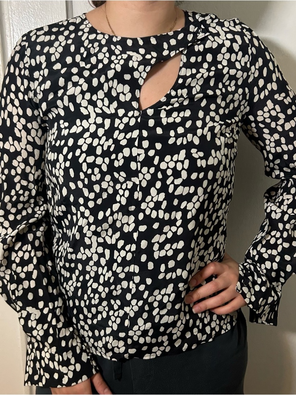 ecru Black and White Abstract Dot Keyhole Blouse